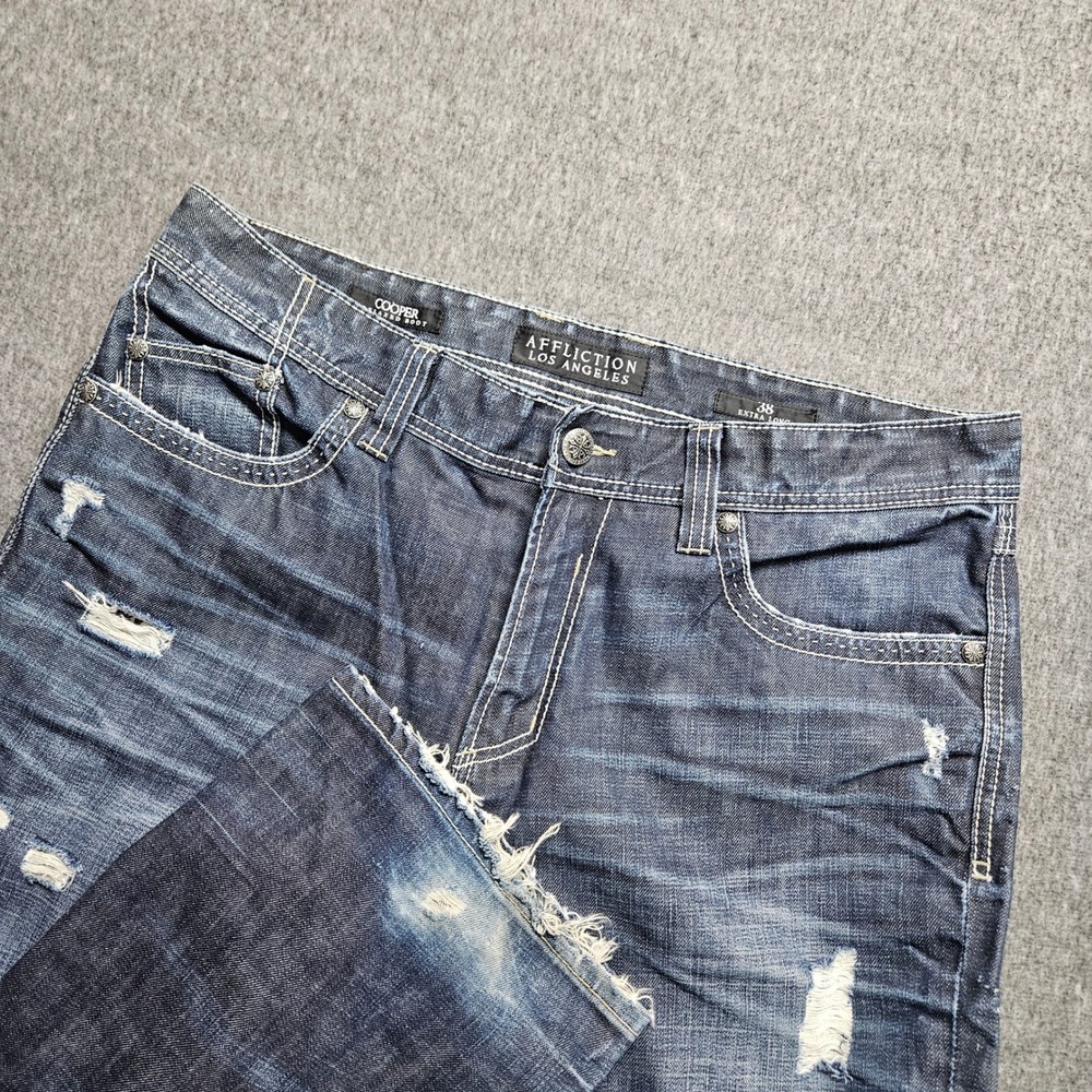 Affliction Cooper Relaxed Boot Mens 38 Blue Distressed Calico Wash Jeans